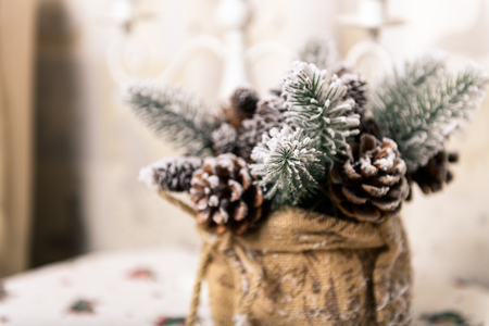 Winter holidays background of pine cones powdered with artificial snow and white downy shawl. Merry Christmas brown backdropの写真素材