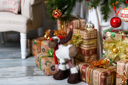 Gifts under the Christmas tree. Christmas background.の写真素材