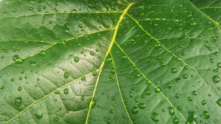 Green avocado leaves with water droplets after rain in the garden. Natural background.
