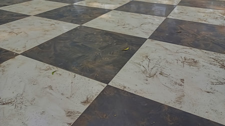 Old black and white ceramic floor tiles in a public park in Malang East Java Indonesiaの写真素材