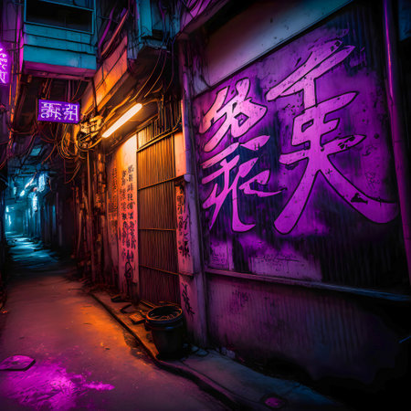 Tokyo City by Night, Anime and Manga drawing illustration, city views, purple neonの写真素材