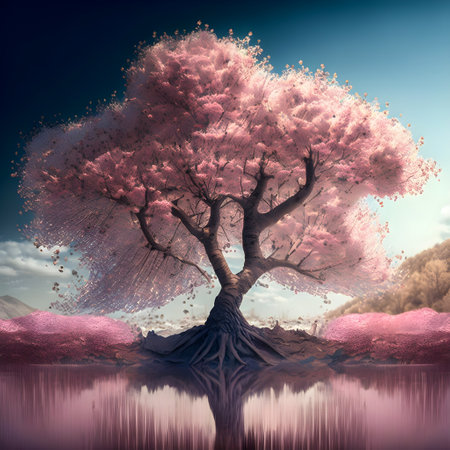 Cherry blossom tree over a reflective body of water illustrationの写真素材