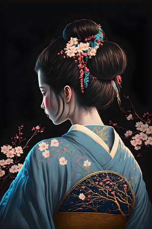 A beautiful girl with a black bun and a blue Japanese kimono, cherry blossom hairpin, illustrationの写真素材
