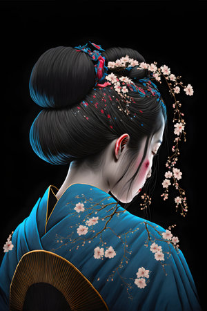 A beautiful girl with a black bun and a blue Japanese kimono, cherry blossom hairpin, illustrationの写真素材