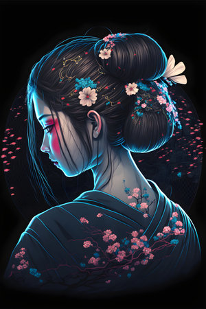 A beautiful girl with a black bun and a blue Japanese kimono, cherry blossom hairpin, illustrationの写真素材