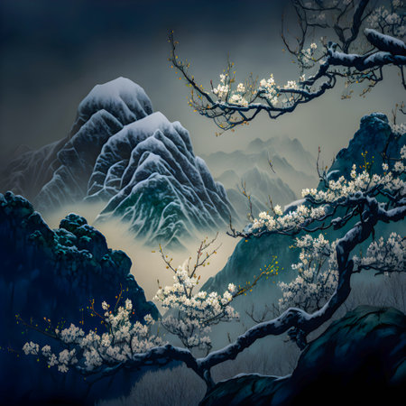 Cherry blossom tree landscape over the mountainの写真素材