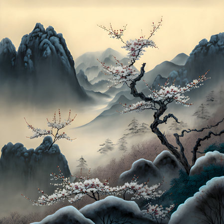 Cherry blossom tree landscape over the mountainの写真素材