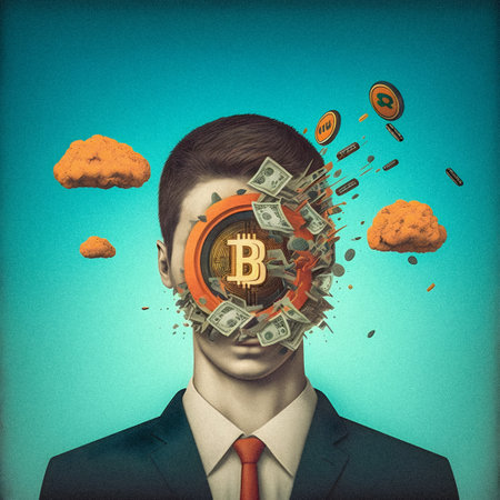 Bitcoin crash in head, surreal illustration, vintage poster, granular textureの写真素材