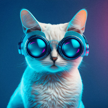 Fashionable portrait of anthropomorphic cute cat dj illustartion, granular texture