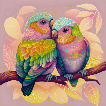 Two love parrots in rainbow colors illustartionの写真素材
