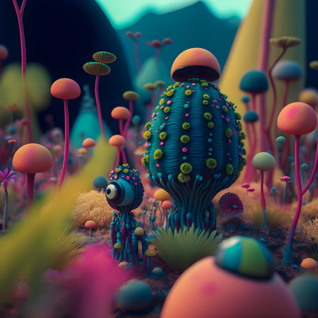 Amazing colorful alien planet whit wild exciting lifeforms illustrationの写真素材