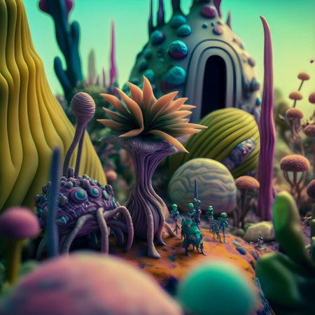 Amazing colorful alien planet whit wild exciting lifeforms illustrationの写真素材