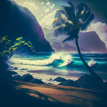 Hawaii palm tree and ocean waves illustrationの写真素材