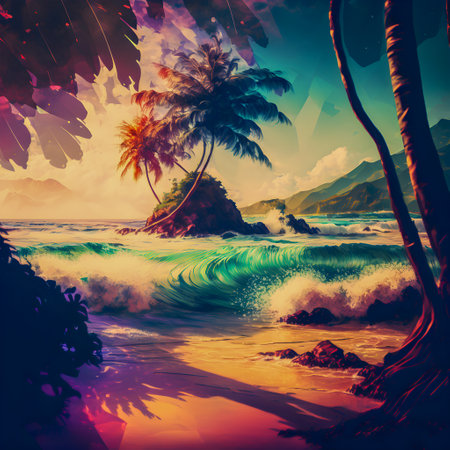 Hawaii palm tree and ocean waves illustrationの写真素材