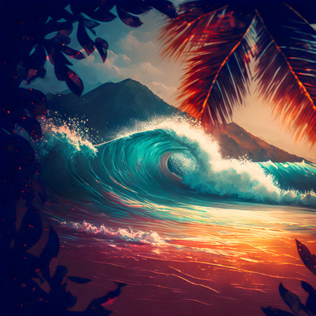 Hawaii palm tree and ocean waves illustrationの写真素材