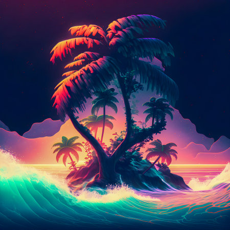 Hawaii palm tree and ocean waves illustrationの写真素材