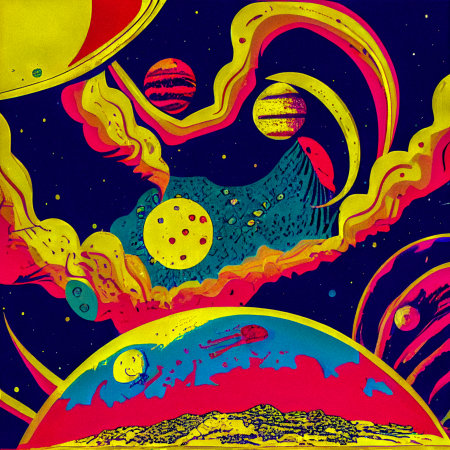 Hand drawn comic illustration of Live on Another Planet, Retro and 90s style, Cosmos, Pop Art, Abstract, Crazy, and Psychedelic Backgroundの写真素材