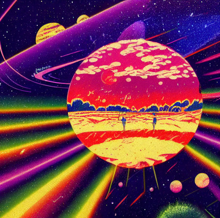 Hand drawn comic illustration of Live on Another Planet, Retro and 90s style, Cosmos, Pop Art, Abstract, Crazy, and Psychedelic Backgroundの写真素材
