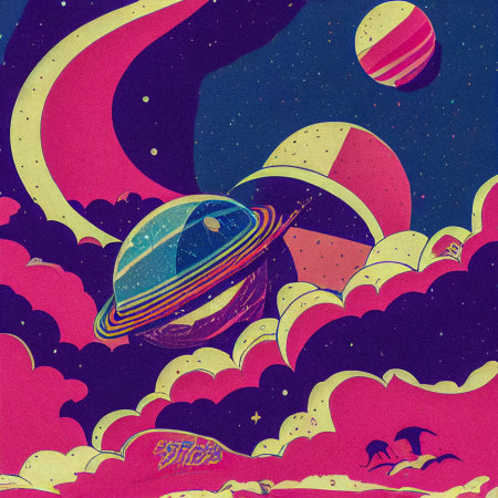 Hand drawn comic illustration of Live on Another Planet, Retro and 90s style, Cosmos, Pop Art, Abstract, Crazy, and Psychedelic Backgroundの写真素材