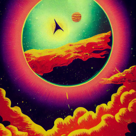 Hand drawn comic illustration of Live on Another Planet, Retro and 90s style, Cosmos, Pop Art, Abstract, Crazy, and Psychedelic Backgroundの写真素材