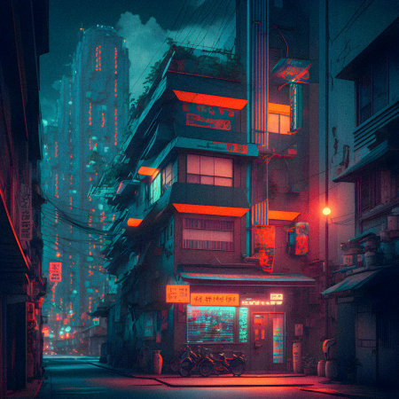 Tokyo City by Night, Anime and Manga drawing illustration, city views, granular textureの写真素材