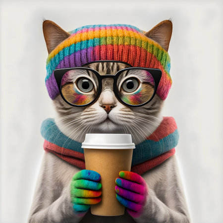 Cute hipster cat wearing a knit wool beanie, holding cup of coffee illustartionの写真素材