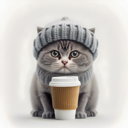 Cute hipster cat wearing a knit wool beanie, holding cup of coffee illustartionの写真素材