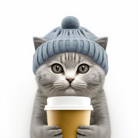 Cute hipster cat wearing a knit wool beanie, holding cup of coffee illustartionの写真素材
