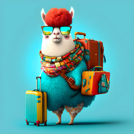 Funny Alpaca going to vacation illustartionの写真素材