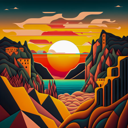 Beautiful Spanish mountains landscape, colorful illustrationの写真素材