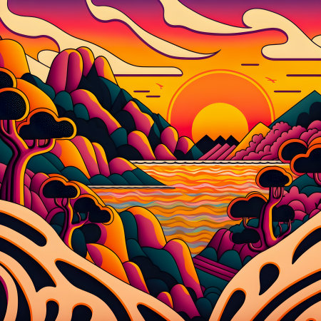 Beautiful Spanish mountains landscape, colorful illustrationの写真素材