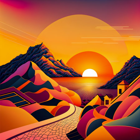 Beautiful Spanish mountains landscape, colorful illustrationの写真素材