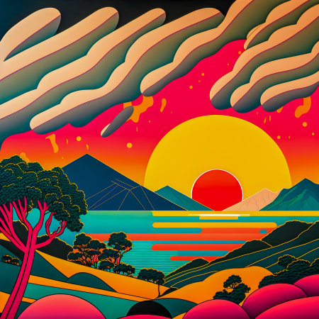 Beautiful Spanish mountains landscape, colorful illustrationの写真素材
