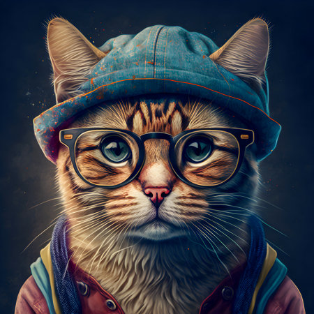 Hipster Cute Funny Art Cat Illustrationの写真素材