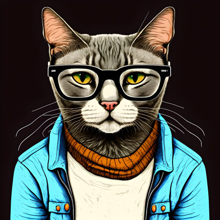 Hipster Cute Funny Art Cat Illustrationの写真素材