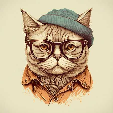 Hipster Cute Funny Art Cat Illustrationの写真素材