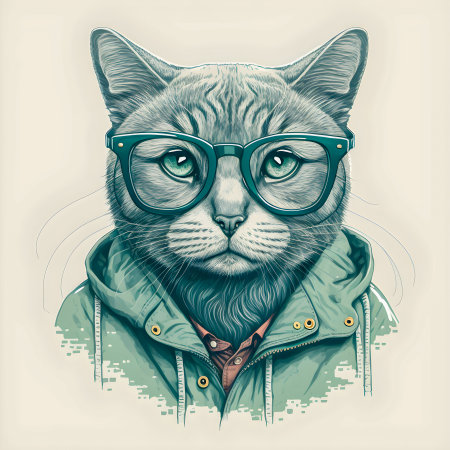 Hipster Cute Funny Art Cat Illustrationの写真素材