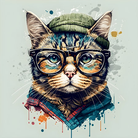 Hipster Cute Funny Art Cat Illustrationの写真素材