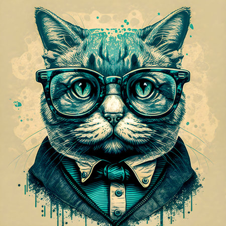 Hipster Cute Funny Art Cat Illustrationの写真素材