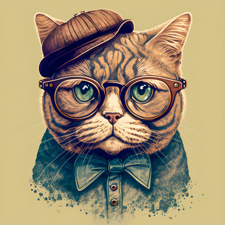 Hipster Cute Funny Art Cat Illustrationの写真素材