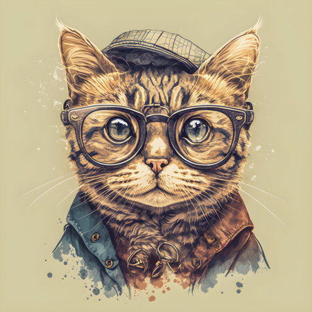 Hipster Cute Funny Art Cat Illustrationの写真素材