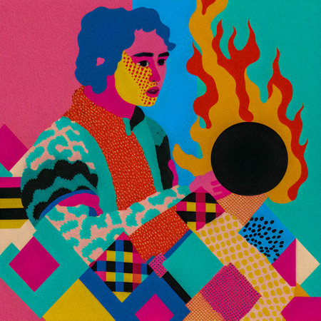 Retro collage, people with fire illustration, granular textureの写真素材