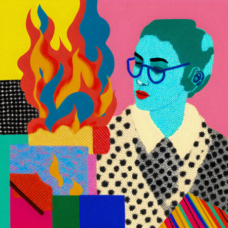 Retro collage, people with fire illustration, granular textureの写真素材