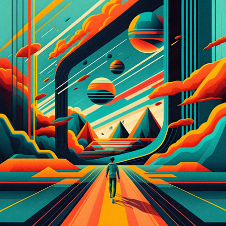 Pop art minimalism retro, futurism art, environmental art, space illustration, granular textureの写真素材