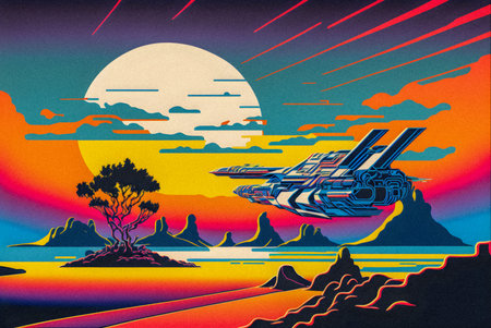 Hand drawn comic illustration, Retro and 90s style, Cosmos, Pop Art, Abstract, Crazy, and Psychedelic Background, granular textureの写真素材