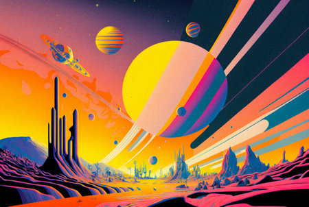 Hand drawn comic illustration, Retro and 90s style, Cosmos, Pop Art, Abstract, Crazy, and Psychedelic Background, granular textureの写真素材
