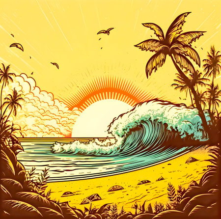 Rising sun and paradise beach background, vintage style illustrationの写真素材