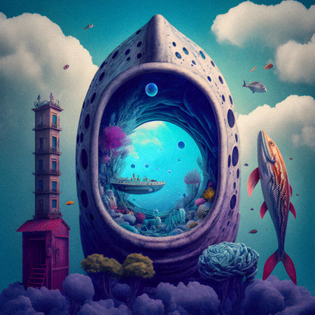 The Wild World, surreal vintage illustration, granular textureの写真素材