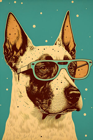 Vintage poster, Dog with glasses illustrationの写真素材