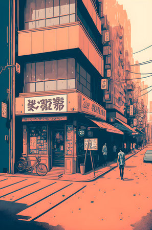 Anime Japan City retro halftone, anime and manga illustration